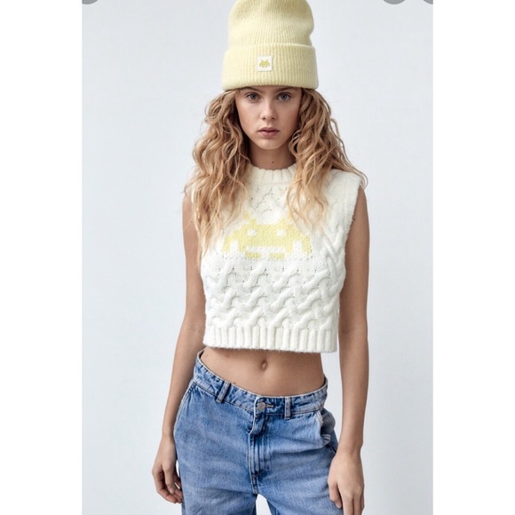 NWT Zara x Space Invaders 8-Bit Cable Knit Chunky Sweater Vest - Picture 1 of 15